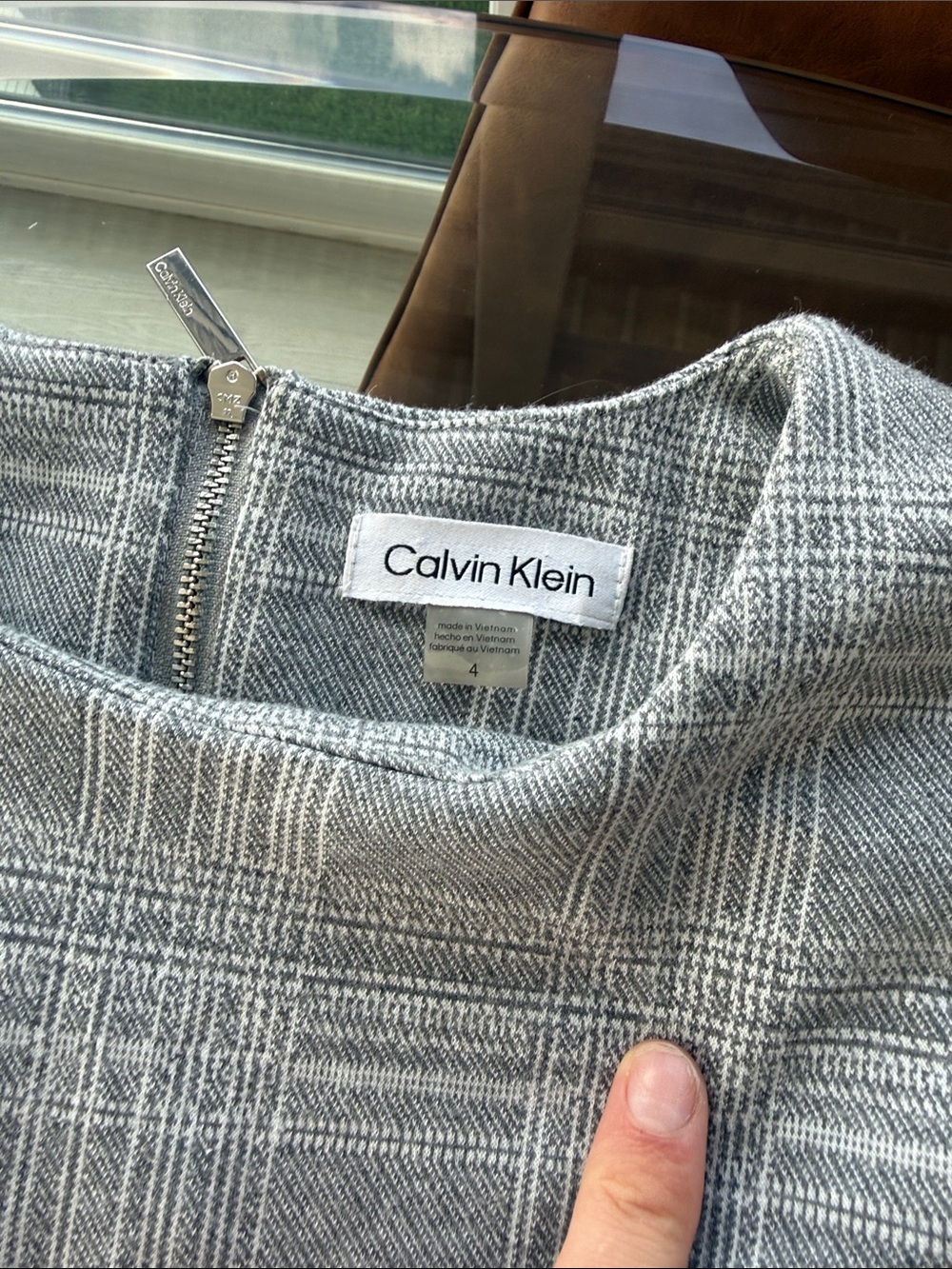 Calvin Klein Sleeveless Gray Plaid A-Line Dress with Waist Tie - Picture 2 of 3